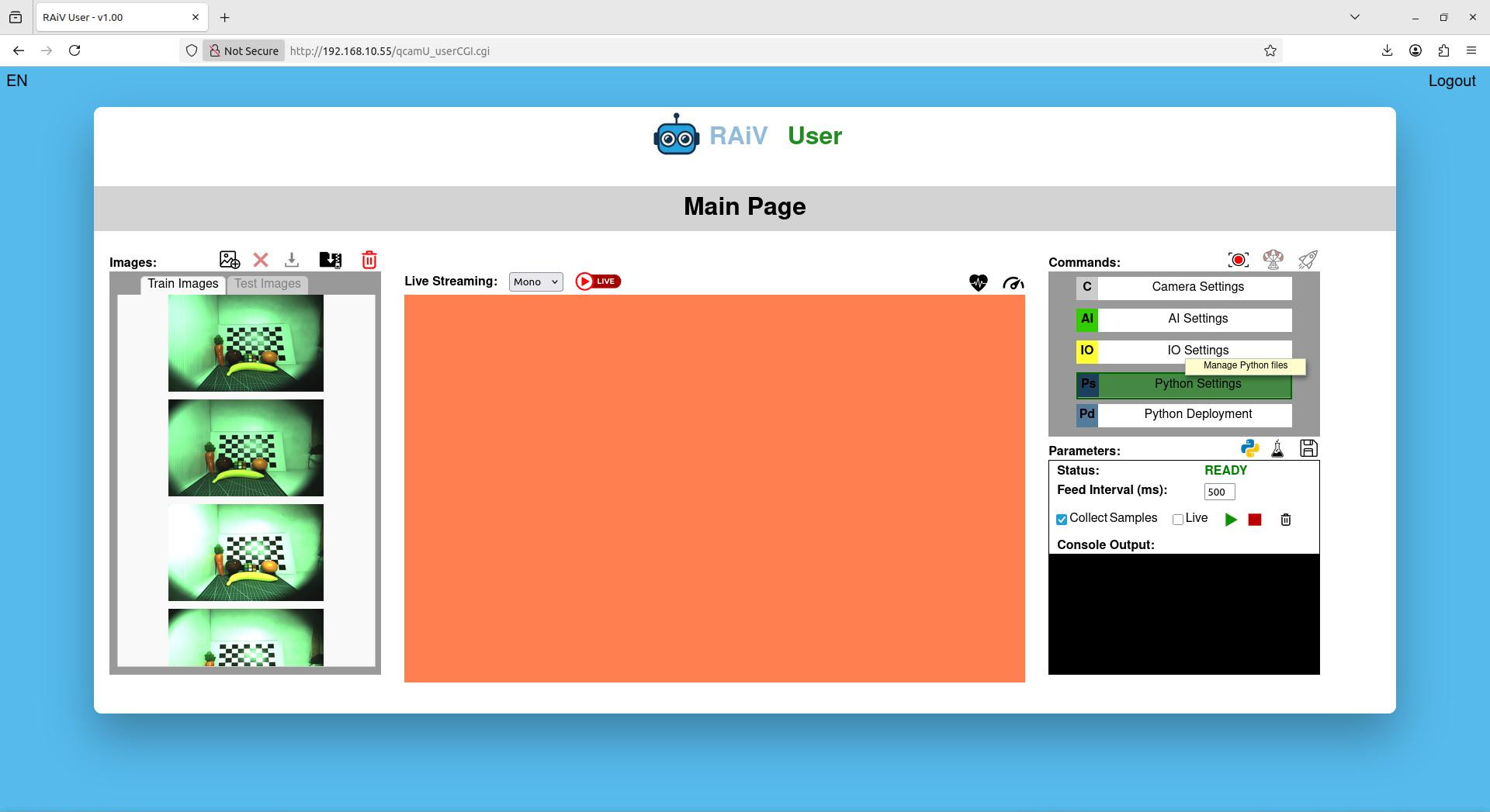 RAiV User Page with Python Settings Panel Opened