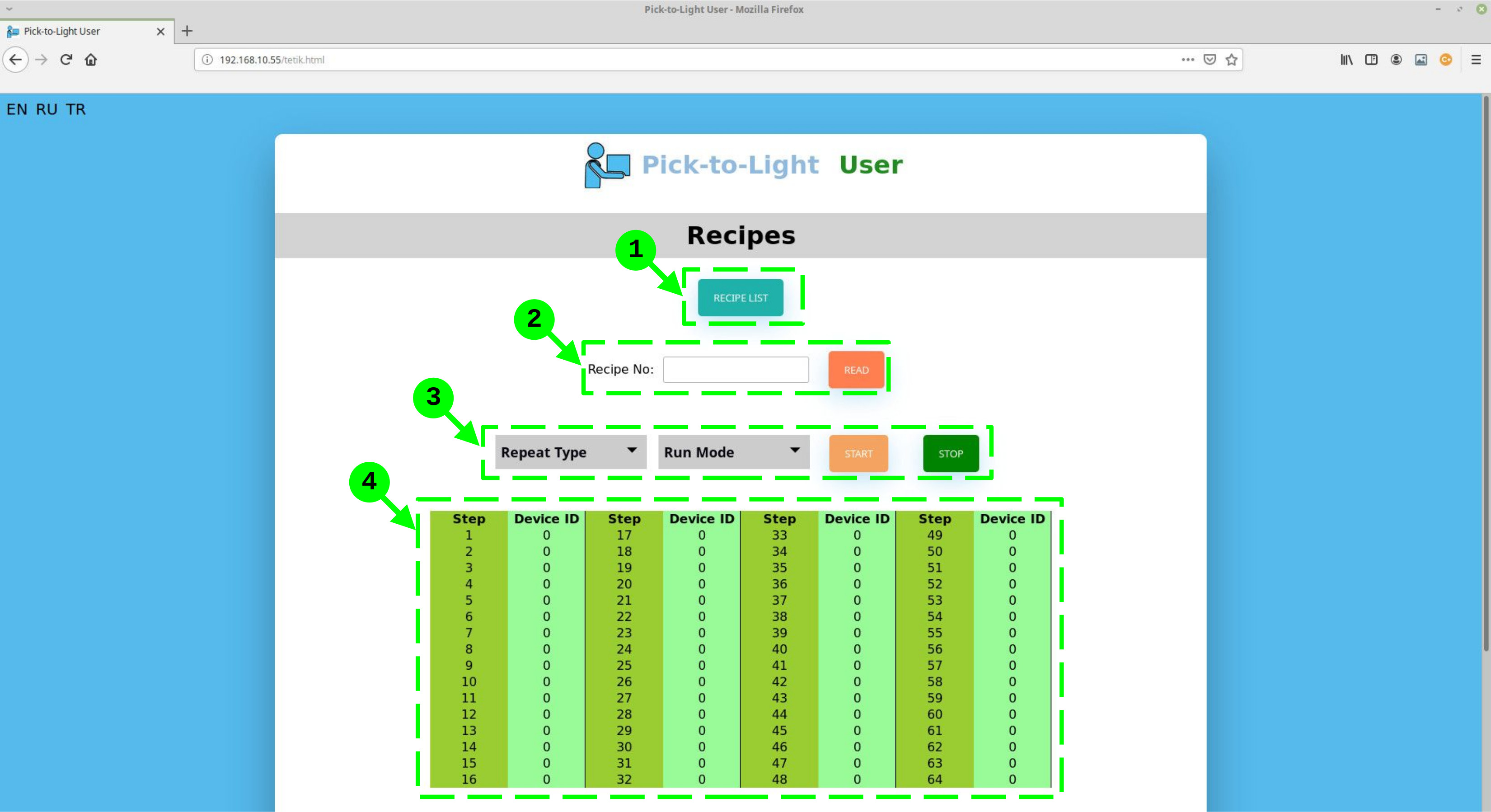 Pick-to-Light Gateway's User Web Interface