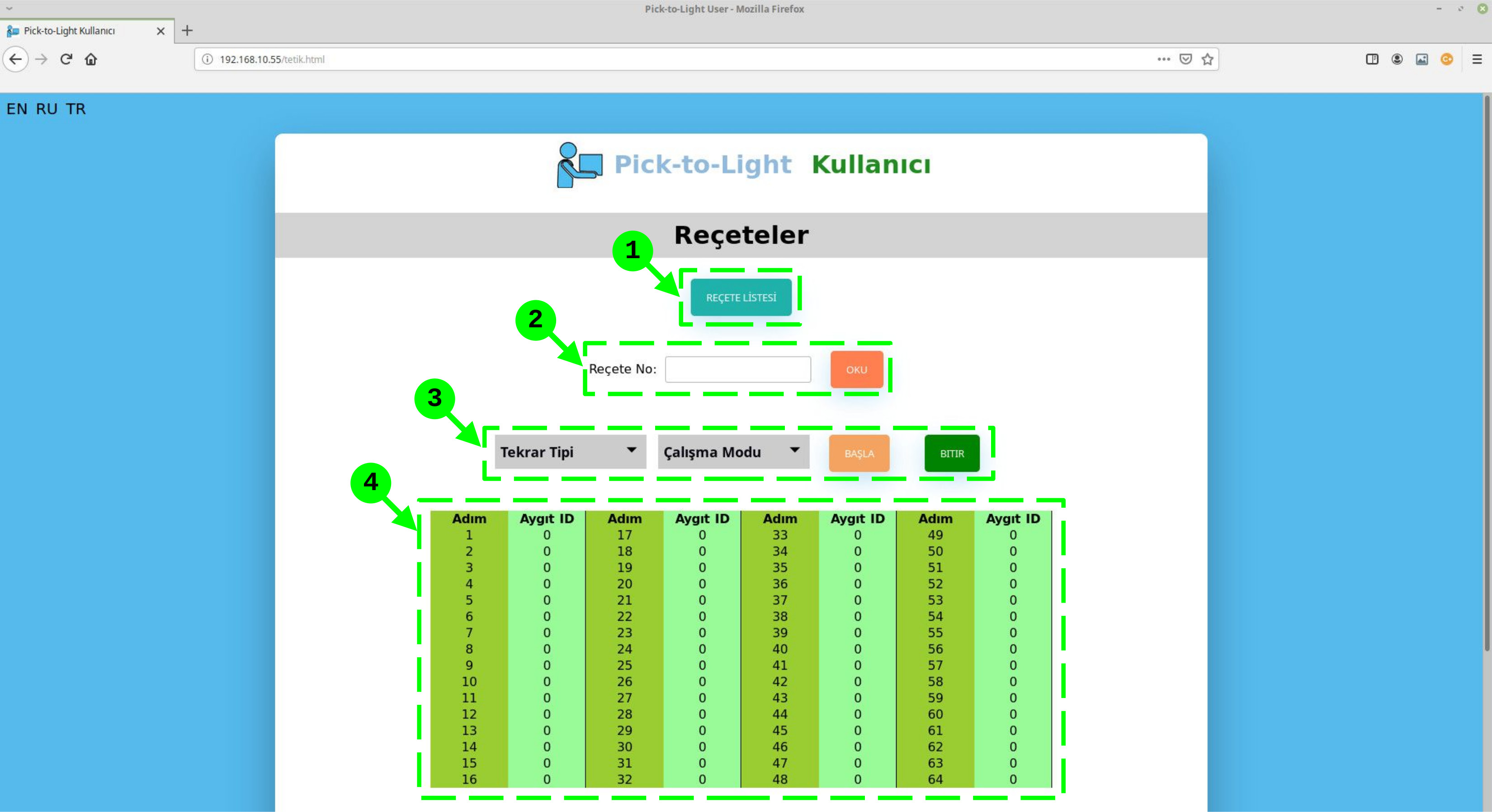 Pick-to-Light Gateway Geçidi Kullanıcı Web Arayüzü